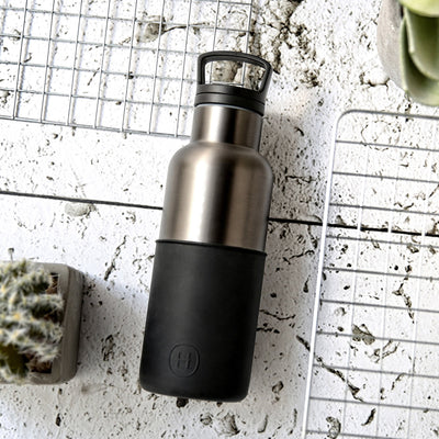Titanium grey-Ink Black 16 Oz, HYDY - Water bottles, 18/8 (304) Stainless Steel, BPA Free, Reusable